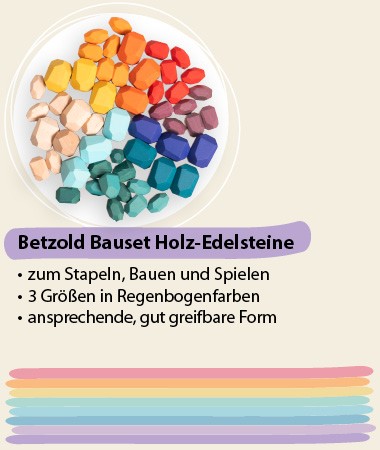 Betzold Bauset Holz-Edelsteine. Zum Stapeln, Bauen und Spielen, 3 Größen in Regenbogenfarben, ansprechende, gut greifbare Form