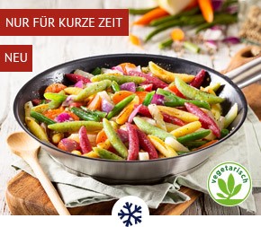 Feine Schupfnudeln schwäbischer Art in den Farben Rot, Grün und Gelb. Dazu grüne Bohnen, feiner Kohlrabi und knackige Karotten – lecker abgeschmeckt in einer würzigen Butter-Kräuter-Soße. Perfekt als vegetarisches Hauptgericht oder als köstliche Beilage zu Fisch und Fleisch. Zum Produkt.