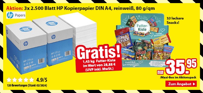 Unser Top-Angebot B2B: 3 Maxi-Boxen Kopierpapier + GRATIS Futterkiste mit Snacks