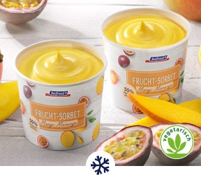 Erfrischendes Sorbet mit 50% reiner Frucht. Mit Mangopüree und aromatischem Maracujasaft aus Maracujasaftkonzentrat – und ganz ohne Aromen und Farbstoffe! Zum Produkt.