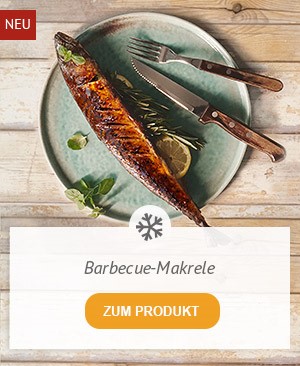 Grillgenuss pur: zwei ganze, fertig vorbereitete Makrelen – innen und außen mit köstlicher Barbecue-Marinade verfeinert. Perfekt für Grill oder Pfanne. Zum Produkt.