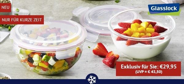 Funktion und Design perfekt vereint: Glasslock Schüssel-Set (1l & 2l) zum exklusiven Vorteilspreis. 100 % auslaufsicher, 100 % luftdicht, spülmaschinenfest, BPA-frei, bruchfestes Sicherheitsglas, kantenloses Design. Zum Einfrieren, Erwärmen, Frischhalten, Transportieren und stilvollen Servieren. Zur Aktion.