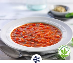 Nach Originalrezept aus der Toskana: Zwiebeln und Knoblauch werden in Öl angeschwitzt, die sonnengereiften Tomaten hinzugegeben und zum Abschluss wird die Suppe mit nativem Olivenöl, feinen Kräutern und Gewürzen abgeschmeckt. Vegetarisch. Zum Produkt.