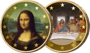 2 x 2 Euro BRD Leonardo da Vinci mit Farb-Applikation und Goldveredelung