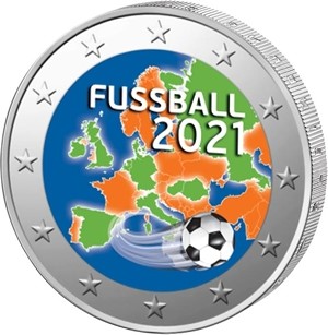 2 Euro Europa Fussball EM 2021 mit Farbapplikation