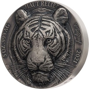 5 Unzen Silber Elfenbeinküste Mauquoy Hoch-Relief Tiger 2021