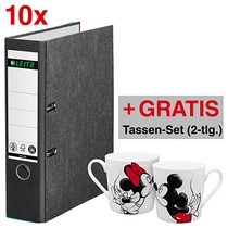 AKTION: 10 LEITZ 1080 Ordner schwarz marmoriert Karton 8,0 cm DIN A4 + GRATIS Mickey & Minnie Tassen-Set
