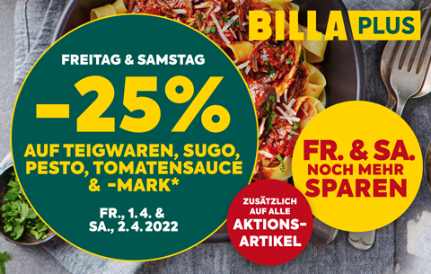 -25% auf Teigwaren, Sugo, Pesto, Tomatensauce & -mark, gültig am 1.4. & 2.4. bei BILLA PLUS