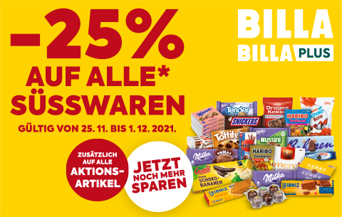 -25% auf alle Süßwaren; gültig von 25.11. bis 1.12. bei BILLA und BILLA PLUS