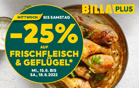 -25% auf Frischfleisch & Geflügel, gültig von 15.6. bis 18.6. bei BILLA PLUS