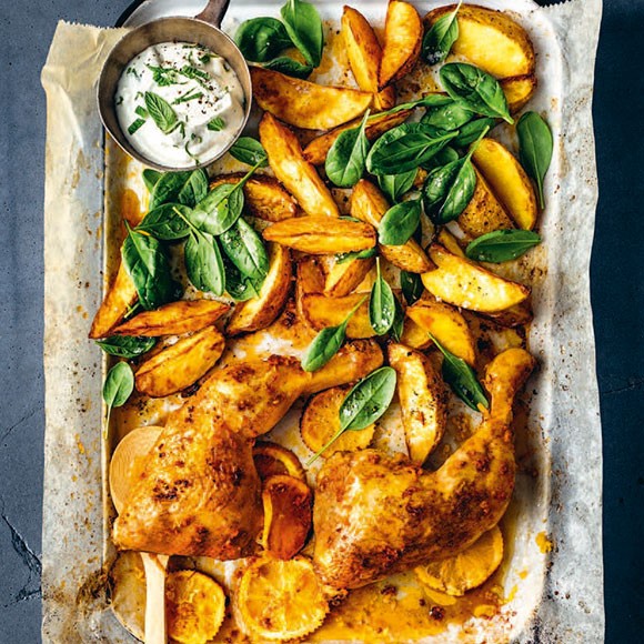 Orangenhendl vom Blech mit Joghurt-Minz-Dip