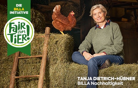 Tanja Dietrich-Hübner (BILLA Nachhaltigkeit) sitzt lächelnd auf einem Strohballen, Badge: Die BILLA Initiative "Fair zum Tier"